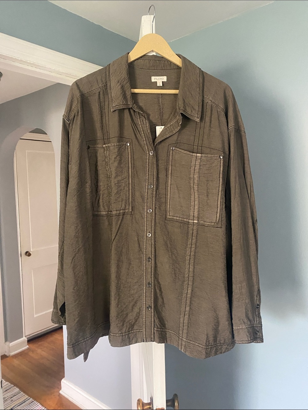 Pilcro Olive Button-Front Utility Shirt